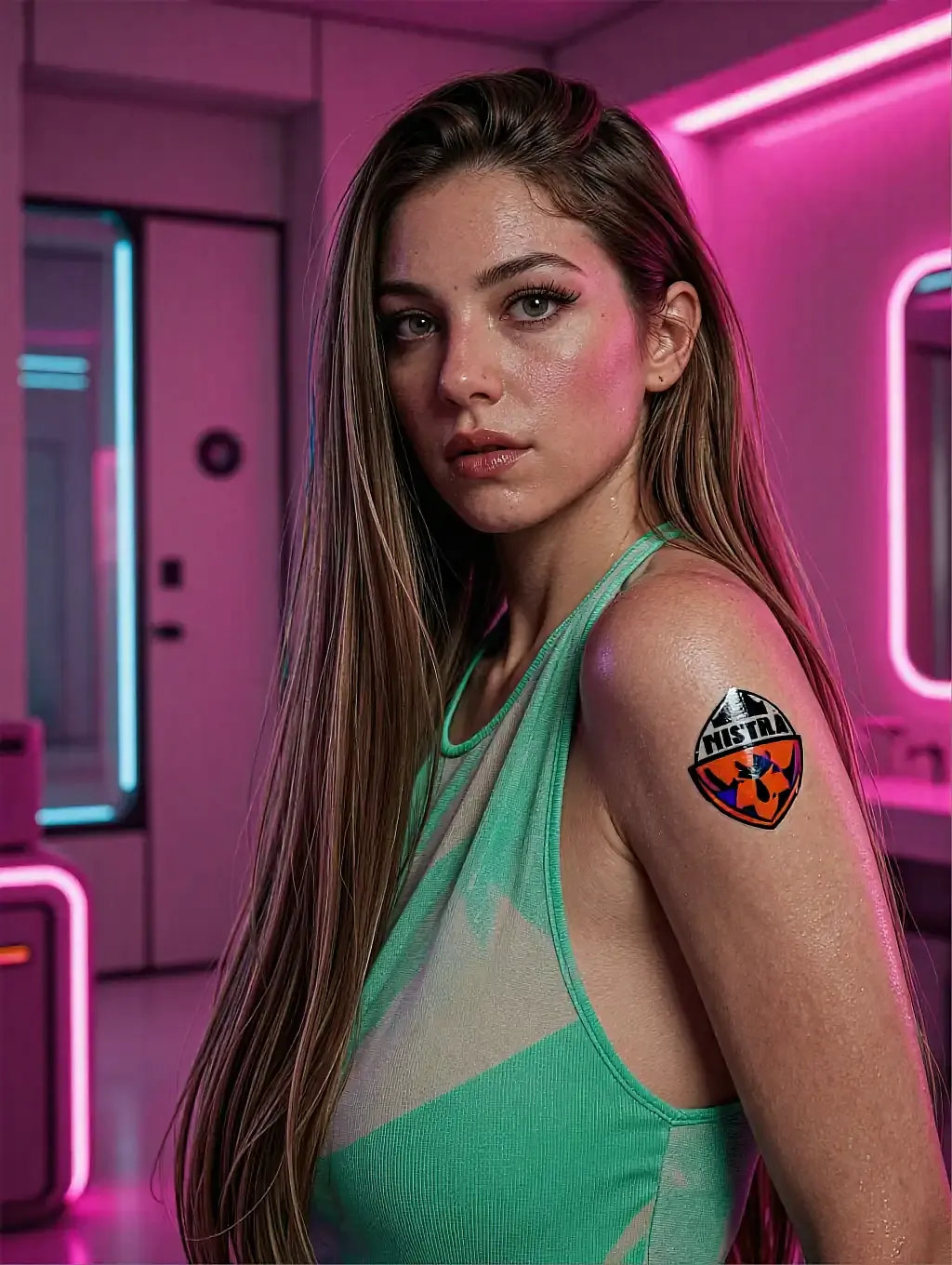 Fictional AI character in a green top with a shoulder tattoo in a pink neon corridor