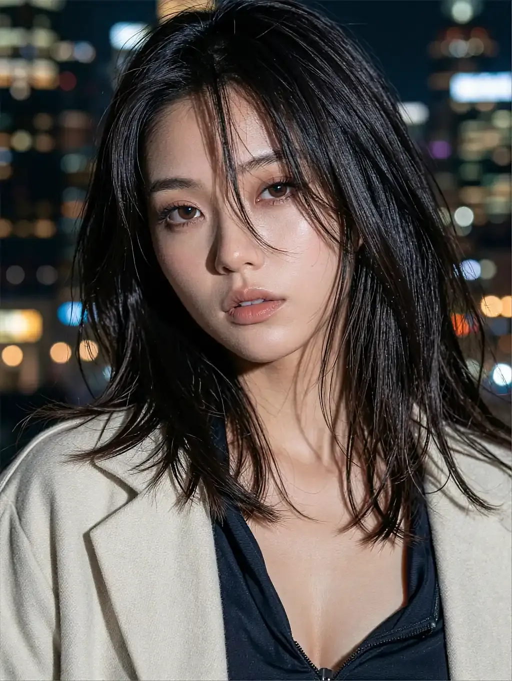 Fictional AI character with black hair in a cream blazer, city lights blurred behind her