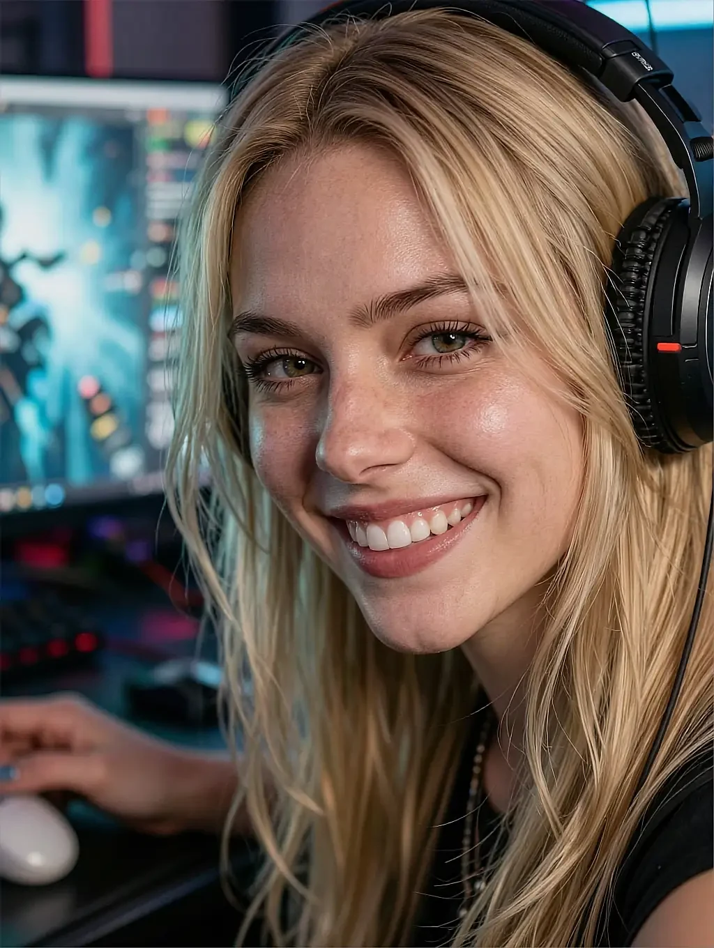 Fictional AI character laughing in a headset at a desk of glowing gaming monitors