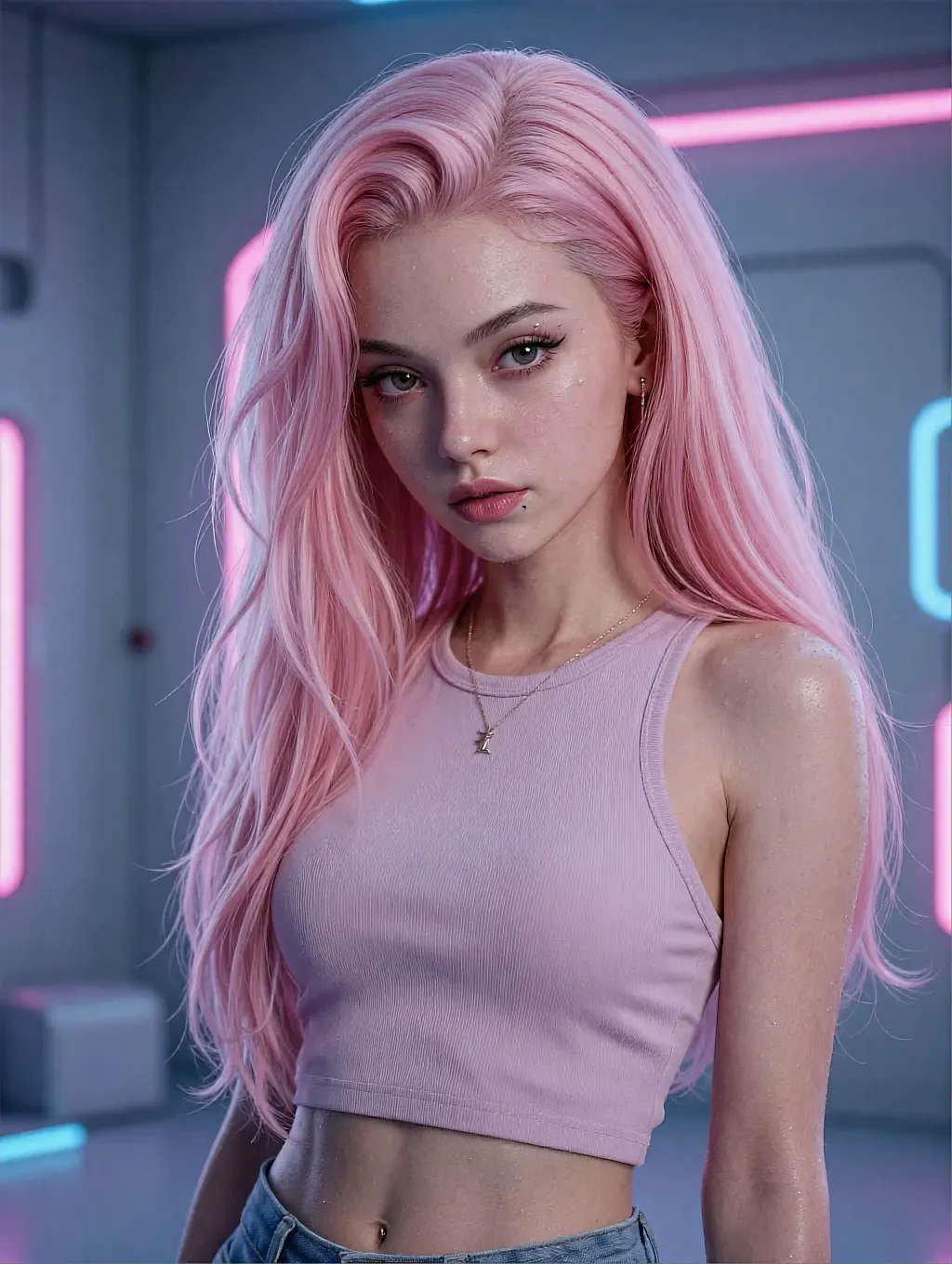 Fictional AI character with long pink hair in a lilac crop top under neon lighting