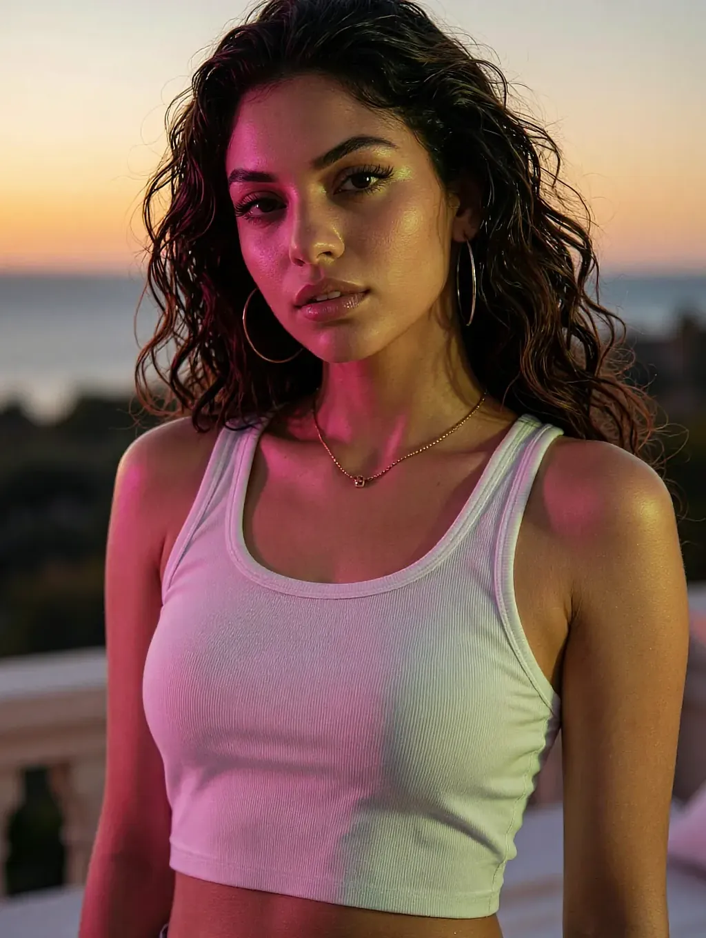 Fictional AI character in a two-tone vest on a rooftop as the sun goes down