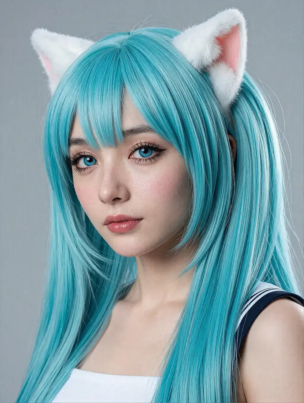Fictional AI character with turquoise hair and white cat ears in a pale room
