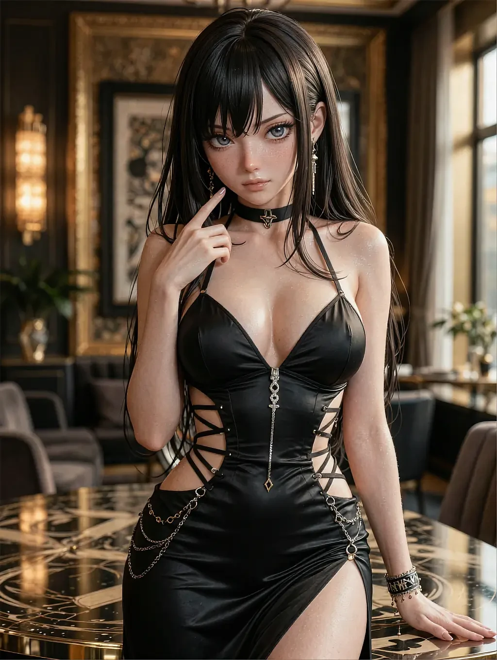Fictional AI character in a black dress with chain detail in a panelled lounge